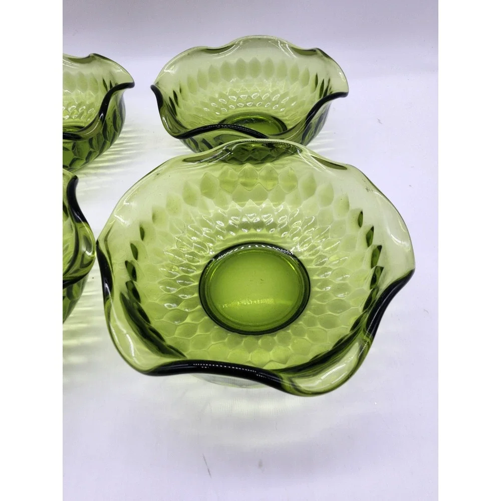 Vintage Avocado Green Indiana Glass Bowls Set of 4 Thumbprint Ruffled Rim MCM